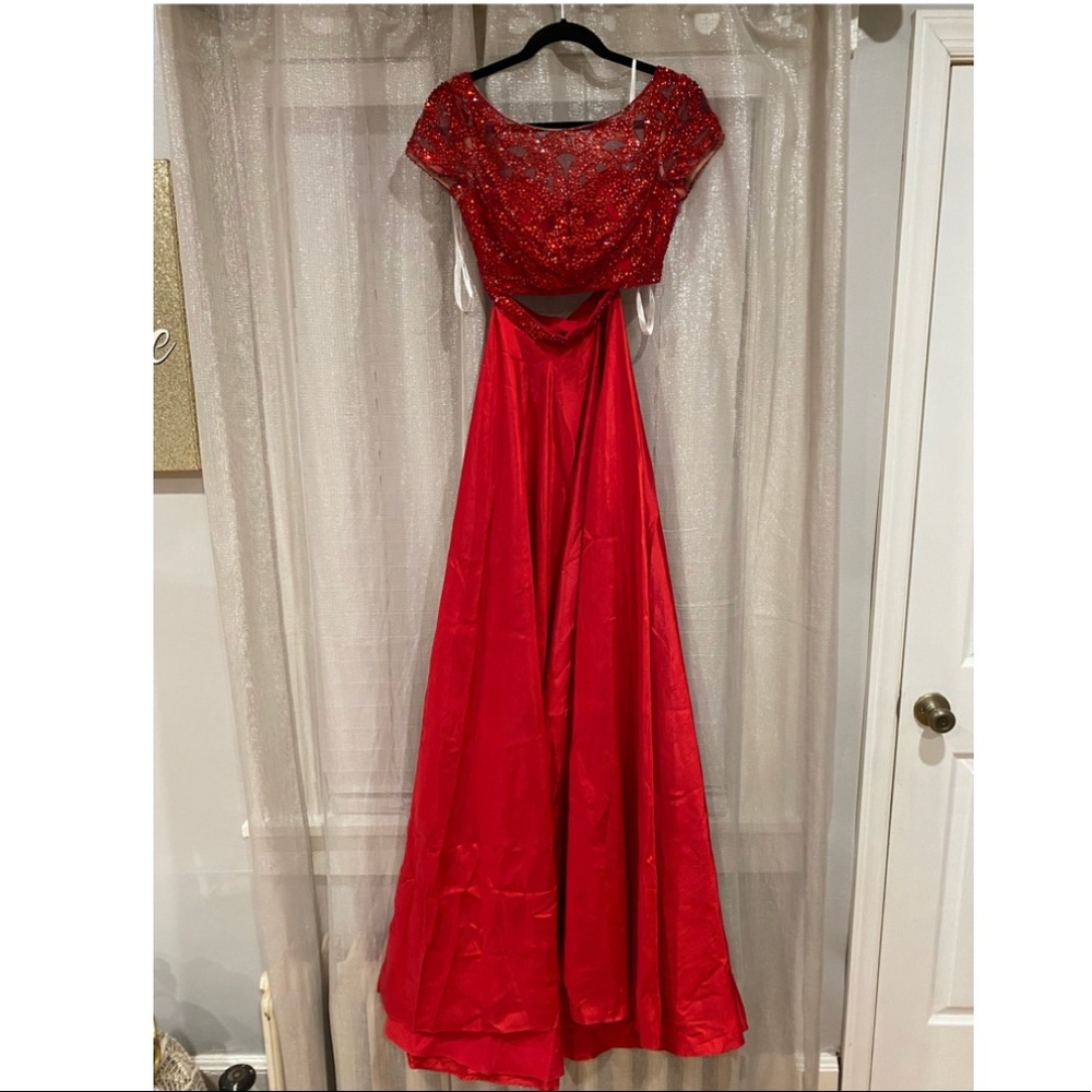 A two piece red with diamonds on top.